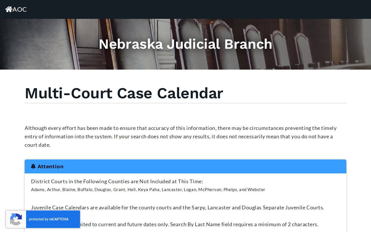 Scotts Bluff County court calendar search controls for court type and date