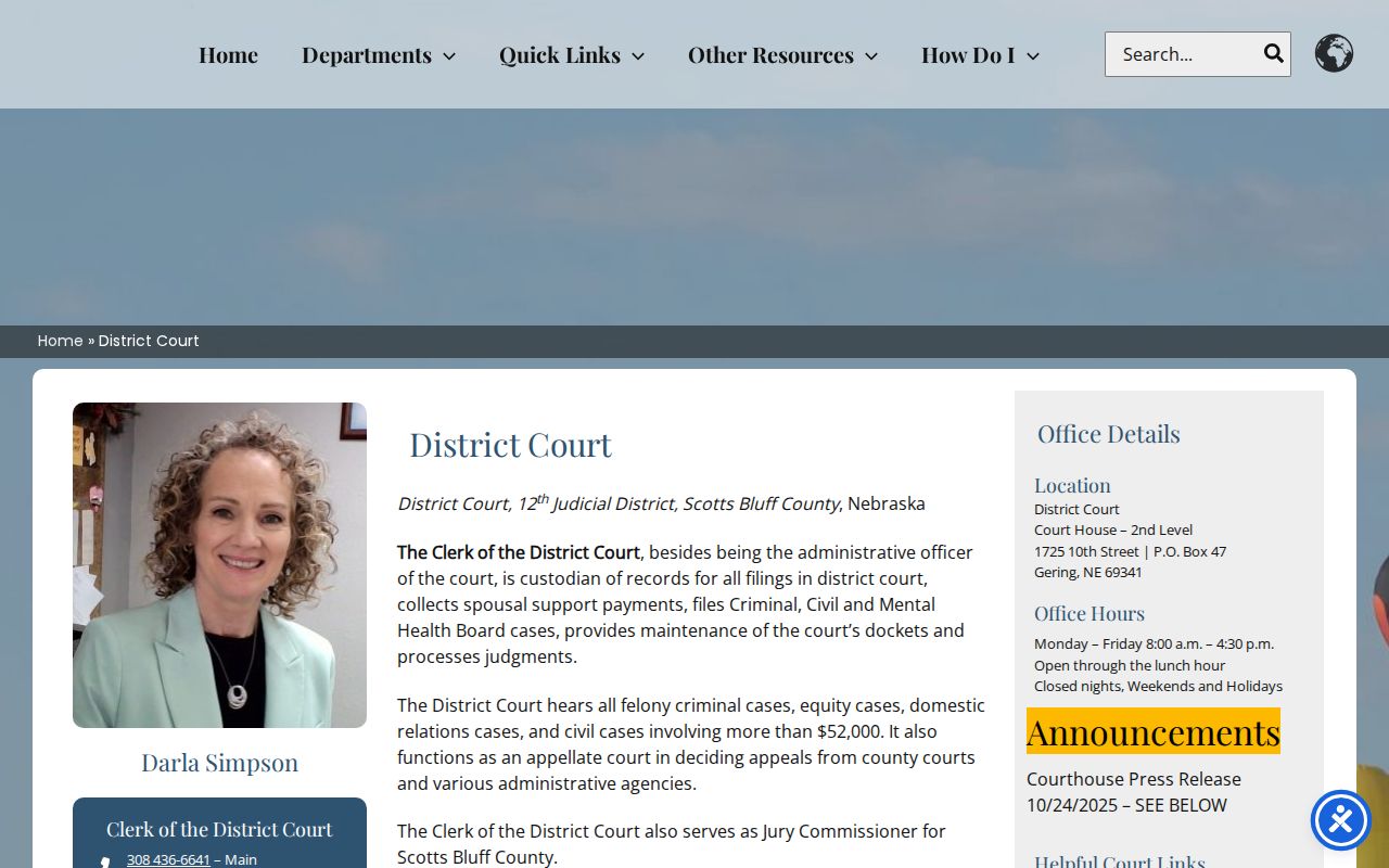 Scotts Bluff County court docket District Court clerk and records page