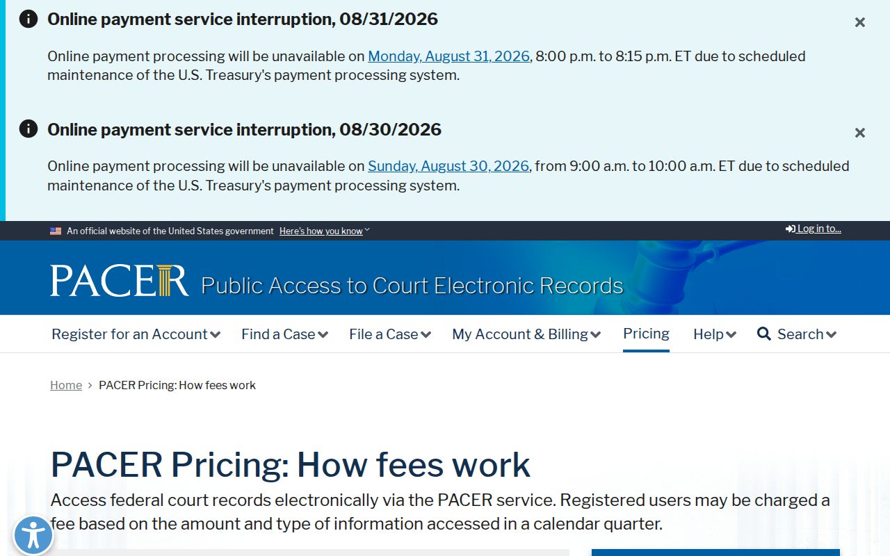 Scotts Bluff County court docket PACER federal pricing page